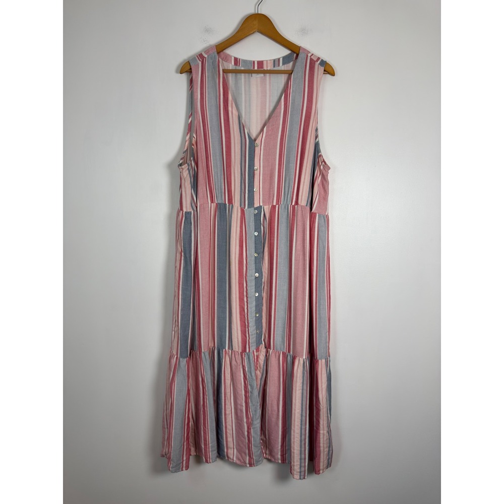 Boho Coastal New Directions Curvy Womens 2X Midi Dress Pink Blue Striped Tiered